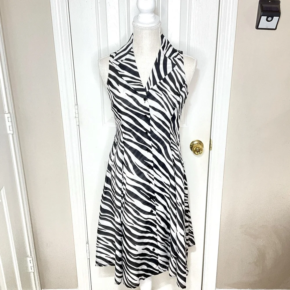 NWT Jones New York Signature Petite Women’s Sz 4P Sleeveless Blk/Wht Zebra Dress
